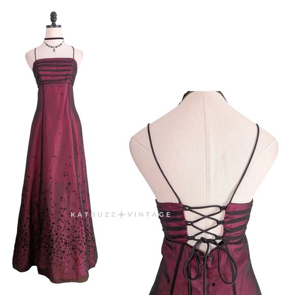 Vintage Morgan Co Prom Dress Maxi Gown 8 Pink Black Goth Star 90S Y2K Corset - Picture 1 of 14
